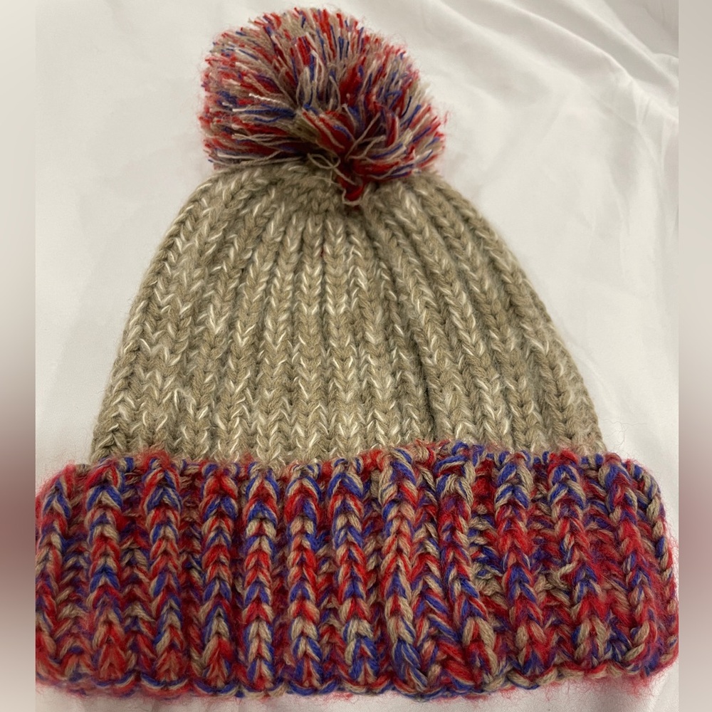 Jeanne Simmons Winter Beanie Pom Pom Ribbed Knit Cuffed Ski Cap Beige Red Blue